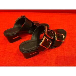 New Tibi Kari Black Leather Gold Buckles Slip On Sandals Mules Shoes Italy/36.5